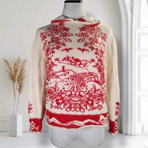 Vintage 80s Hand Knit Wool Angora Sweater Red Ivory Pastoral Novelty Knit S